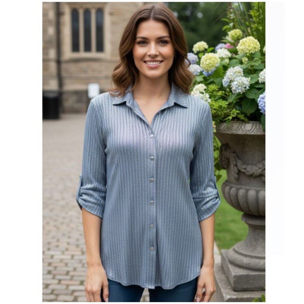 Pure Amici Blouse NWT Metallic Gunmetal Silver Button Front Top Size S